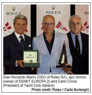 Gian Riccardo Marini (CEO of Rolex SA), Igor Simcic (owner of ESIMIT EUROPA 2) and Carlo Croce (President of Yacht Club Italiano), Photo credit: Rolex / Carlo Borlenghi